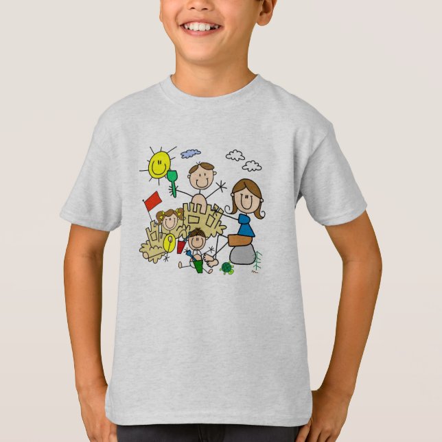 Strichmännchen-Familien-Strand-Spaß T-Shirt (Vorderseite)