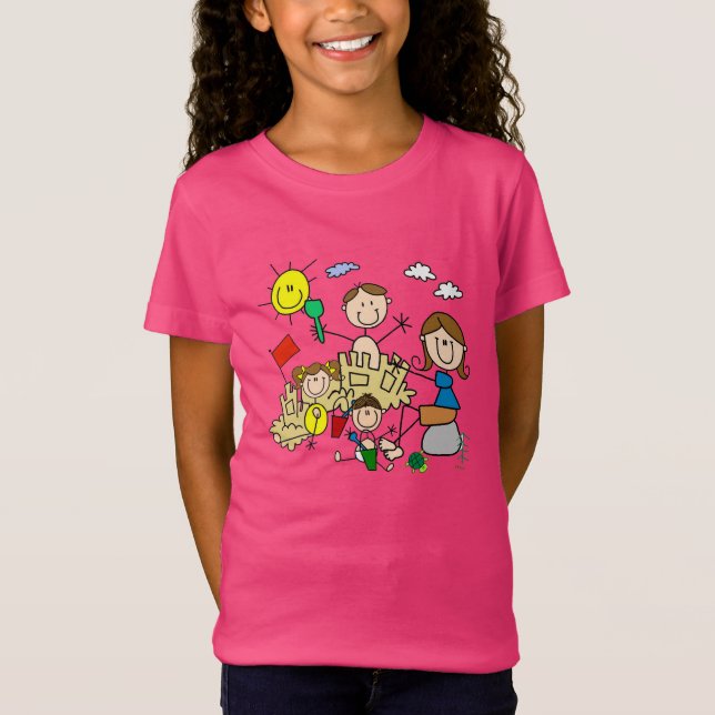 Strichmännchen-Familien-Strand-Spaß T-Shirt (Vorderseite)