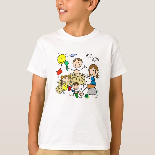 Strichmännchen-Familien-Strand-Spaß T-Shirt (Vorderseite)