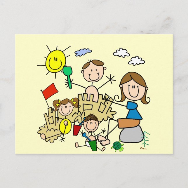 Strichmännchen Familienstrand Spaß Postkarte (Vorderseite)