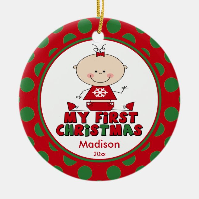 Strichmännchen Girl Baby's First Christmas Ornamen Keramikornament (Vorne)