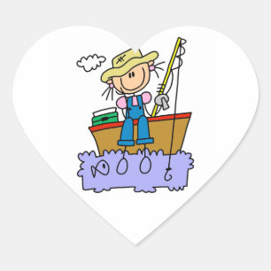 Strichmännchen Girl Fishing Herz-Aufkleber