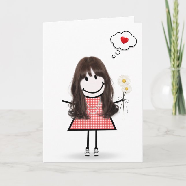 Strichmännchen Girl Gingham Dress Thinking of You Karte (Vorderseite)