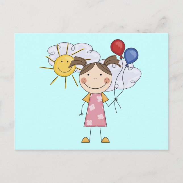 Strichmännchen Girl mit Balloons T - Shirt und Ges Postkarte (Vorderseite)