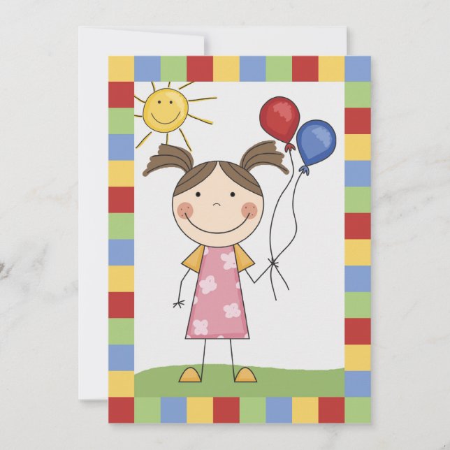 Strichmännchen Girl mit Balloons zum Geburtstag ei Einladung (Vorderseite)