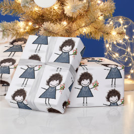 Strichmännchen Girl mit Blume Bouquet Geschenkpapier