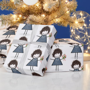 Strichmännchen Girl mit Blume Bouquet Geschenkpapier