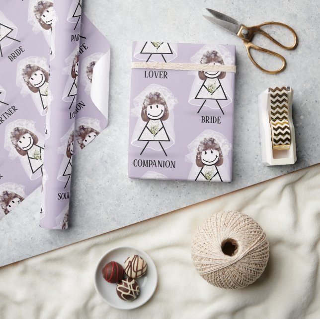 Strichmännchen Girl mit Bridal Text auf Lila Geschenkpapier (Kunsthandwerk)