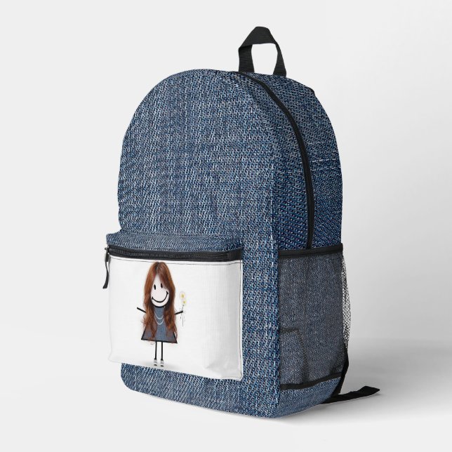 Strichmännchen Girl mit Daisis und Blue Denim Bedruckter Rucksack (Rückseitige Ecke Rechts)