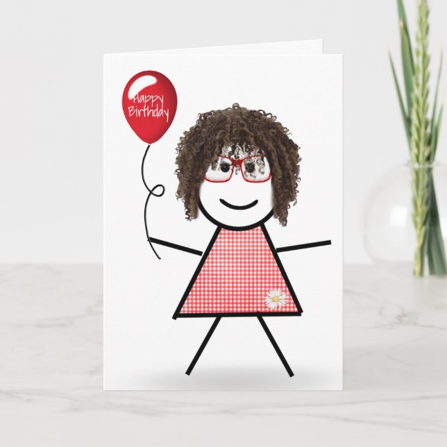 Strichmännchen Girl mit Red Birthday Balloon Karte (Vorderseite)