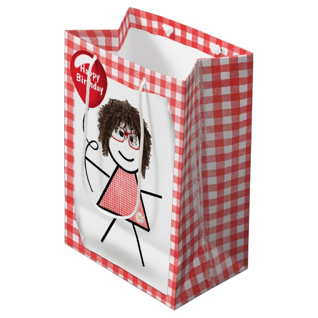 Strichmännchen Girl mit Red Birthday Balloon Mittlere Geschenktüte (Vorderseite Schrägansicht)