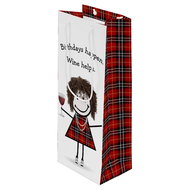 Strichmännchen Girl mit Rotem Wein Geschenktüte Für Weinflaschen (Vorderseite Schrägansicht)