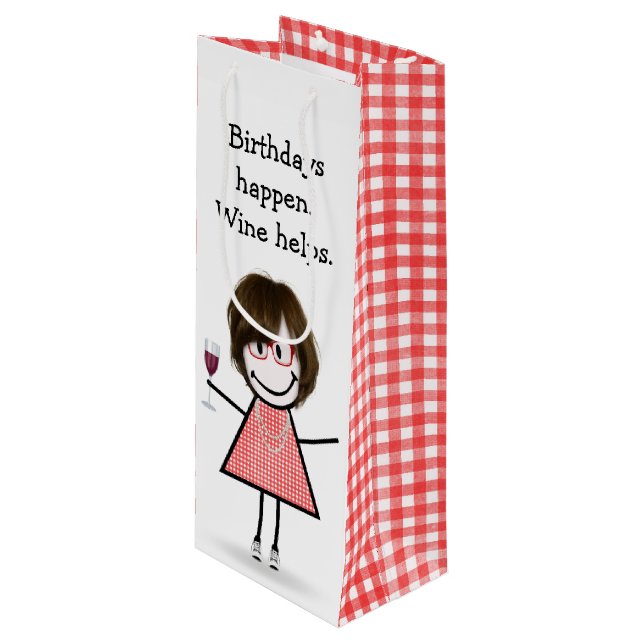 Strichmännchen Girl mit Rotem Wein Geschenktüte Für Weinflaschen (Vorderseite Schrägansicht)