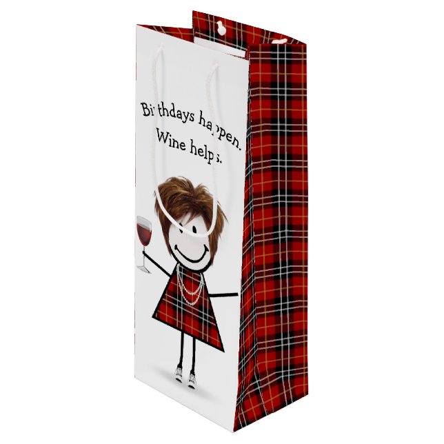 Strichmännchen Girl mit Rotem Wein Geschenktüte Für Weinflaschen (Vorderseite Schrägansicht)