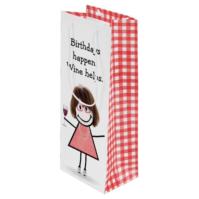 Strichmännchen Girl mit Rotem Wein Geschenktüte Für Weinflaschen (Vorderseite Schrägansicht)