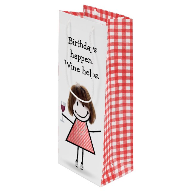 Strichmännchen Girl mit Rotem Wein Geschenktüte Für Weinflaschen (Vorderseite Schrägansicht)