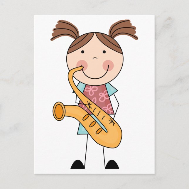 Strichmännchen Girl mit Saxophon Postkarte (Vorderseite)