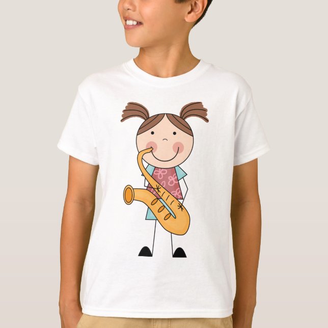 Strichmännchen Girl mit Saxophon T-Shirt (Vorderseite)