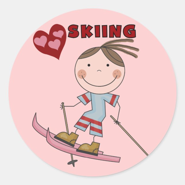 Strichmännchen Girl Skier Tshirts und Geschenke Runder Aufkleber (Vorderseite)
