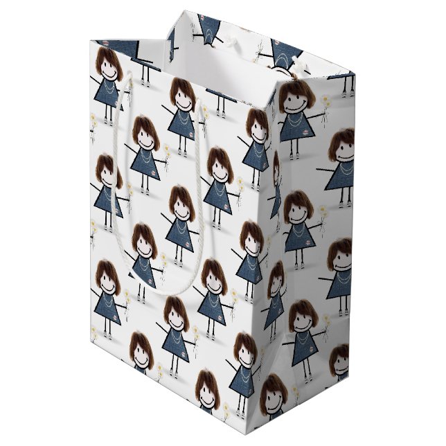 Strichmännchen Girl with Daisis Mittlere Geschenktüte (Rückseite Schrägansicht)