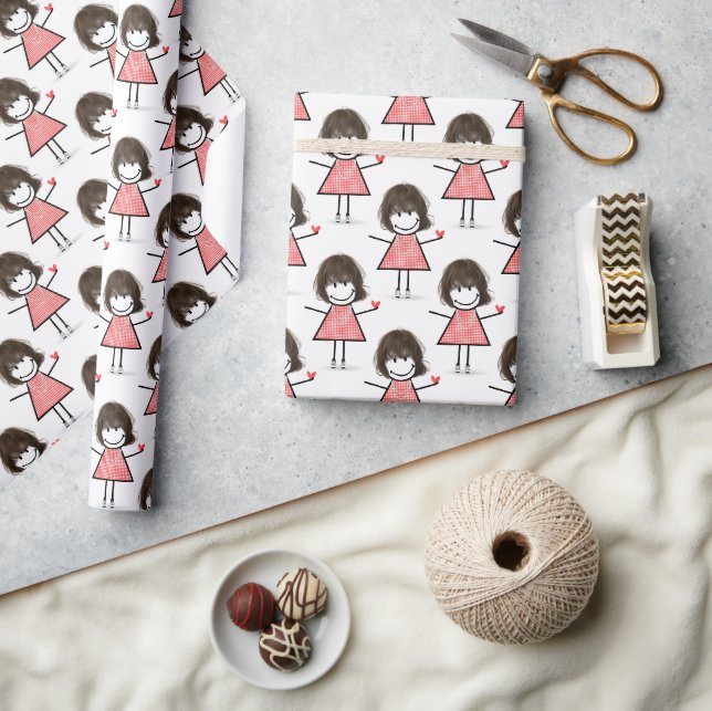 Strichmännchen Girl with Red Heart Geschenkpapier (Kunsthandwerk)