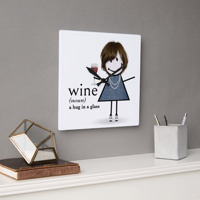 Strichmännchen Girl with Red Wine Quadratische Wanduhr (Büro)