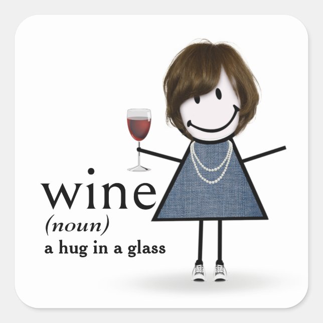Strichmännchen Girl with Red Wine Quadratischer Aufkleber (Vorderseite)