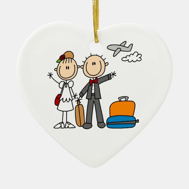 Strichmännchen Hochzeit Flitterwochen T - Shirt un Keramikornament (Vorne)