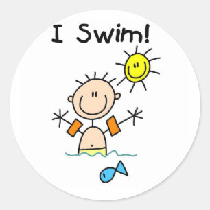 Strichmännchen-Junge ich schwimme Runder Aufkleber