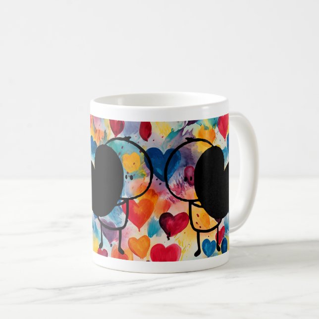 Strichmännchen Liebe: Grosses Herz und farbenfrohe Kaffeetasse (VorderseiteRechts)