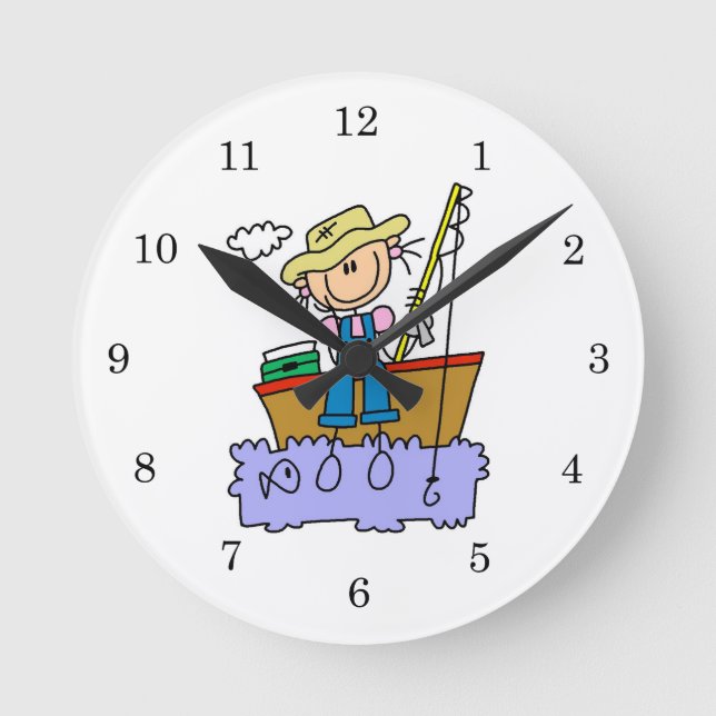 Strichmännchen Mädchen Fischen Runde Wanduhr (Vorderseite)