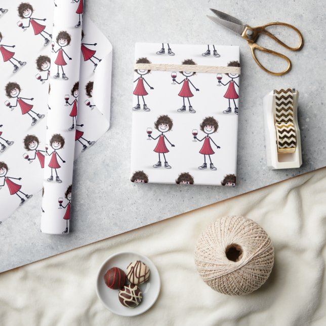 Strichmännchen Mädchen mit Rotwein  Geschenkpapier (Kunsthandwerk)