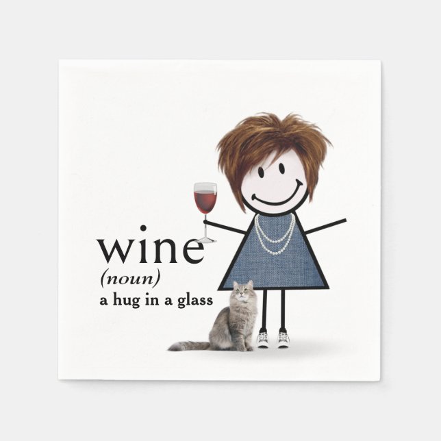 Strichmännchen Mädchen Mit Wein Und Katze Serviette (Vorderseite)