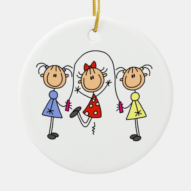 Strichmännchen-Mädchen-springendes Seil Keramikornament (Vorne)