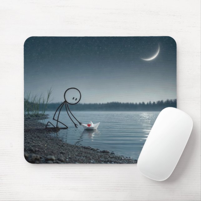 Strichmännchen mit einem Herzen in einem Papierboo Mousepad (Mit Mouse)