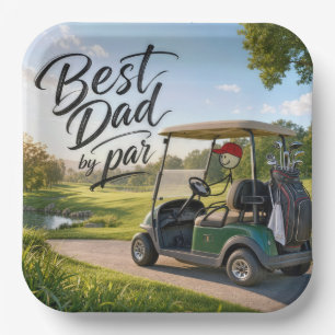 Strichmännchen-Vater Golfer in einem Golfwagen Pappteller