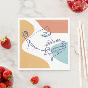 Strichzeichnung Poster einer Frau, die Kaffee trin Serviette