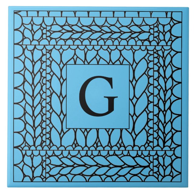 STRICK PURL BLUE Keramik Tile + Initial Fliese (Vorderseite)