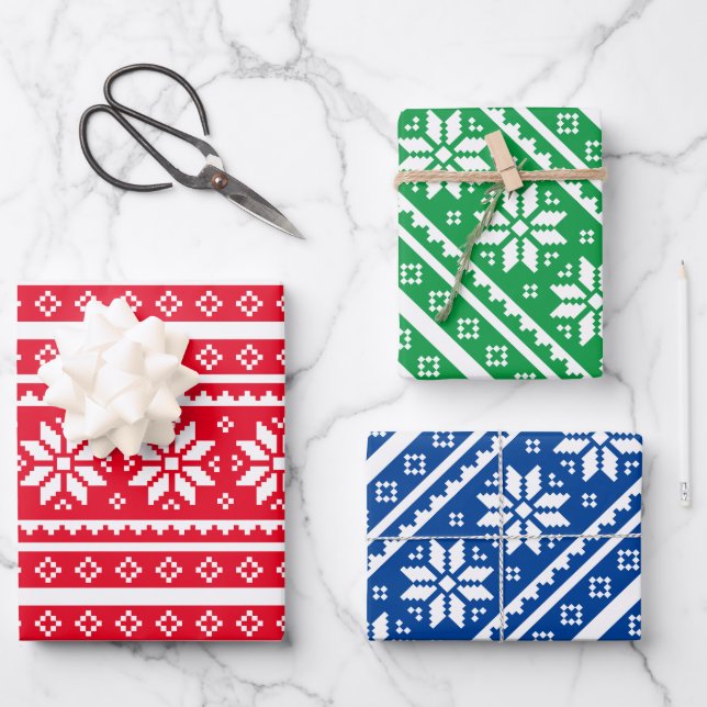 Strick-Schneeflockenmuster Weihnachten Geschenkpapier Set (Vorderseite)