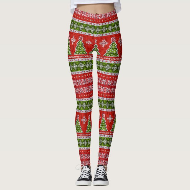 Strick Sweater Look, Rot Weiß und Grün Weihnachten Leggings (Vorderseite)