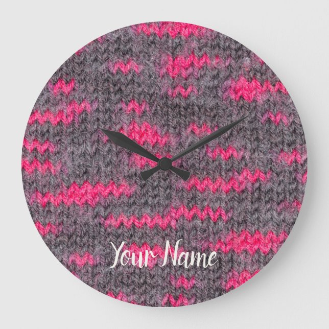 Strick Wolle Struktur mit rosa und graufarbenen Fa Große Wanduhr (Vorderseite)