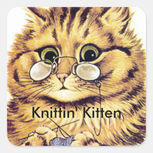 Strickende Katzen-Aufkleber betitelten KNITTIN Quadratischer Aufkleber
