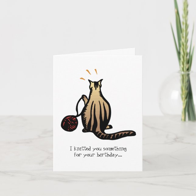 Strickende Miezekatze Karte (Vorderseite)