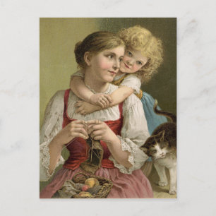 Strickende Mutter im Vintage-Stil Postkarte