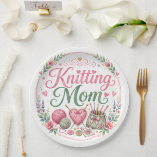 Strickende Mutter Papierplatte Pappteller