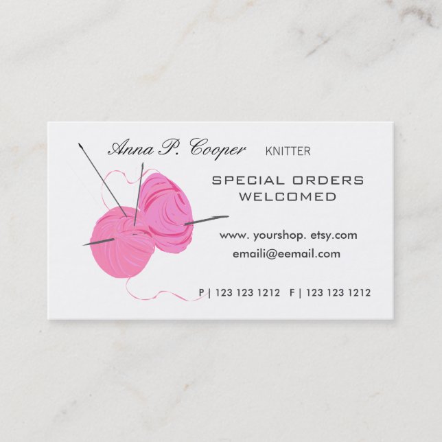 Stricker-rosa niedliche Garn-Bälle u. Nadeln Visitenkarte (Vorderseite)
