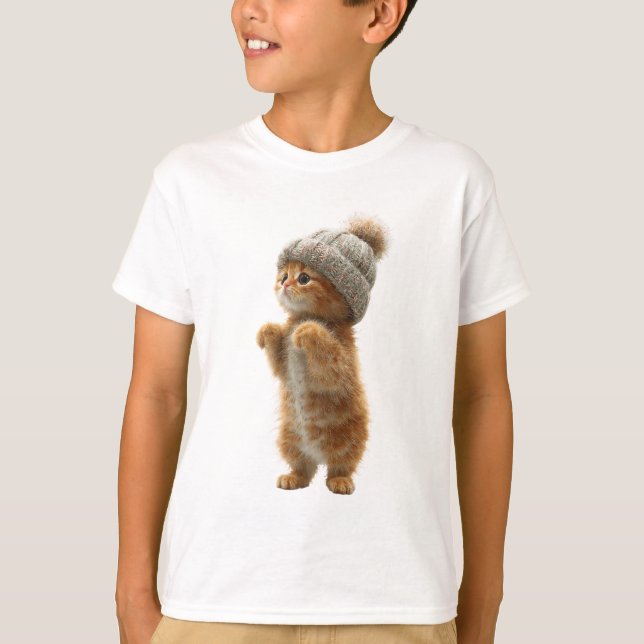 Strickmütze Kitten Stehende Ginger Katze Kinder T-Shirt (Vorderseite)