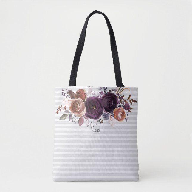 Strickte Lila und Burgundy Floral Monogramm Tasche (Vorderseite)