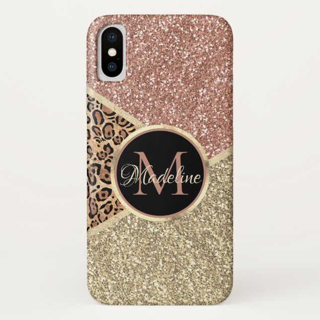 Strickte Rose Gold Glitzer Leopard Monogramm Case-Mate iPhone Hülle (Rückseite)
