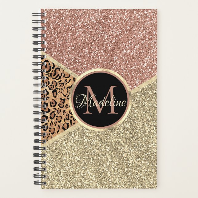 Strickte Rose Gold Glitzer Leopard Monogramm Planer (Vorderseite)